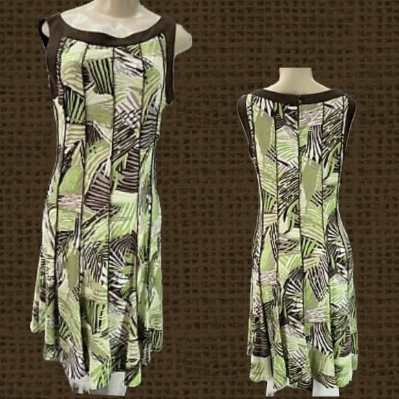 Sandra Darren 10 Green-Brown Abstract Seam Detail Sleeveless Knee Length Dress - Picture 1 of 6
